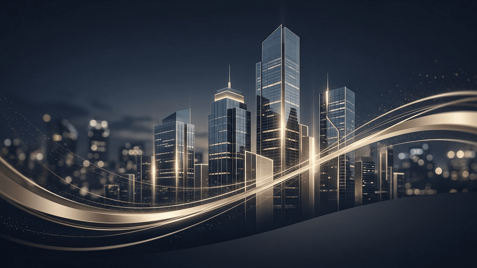 A modern city skyline at dusk with golden light accents, symbolizing growth and institutional investment.